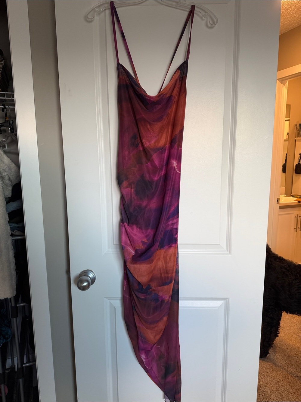 Asymmetrical Cowl Slip Dress in Magenta and Burnt Orange